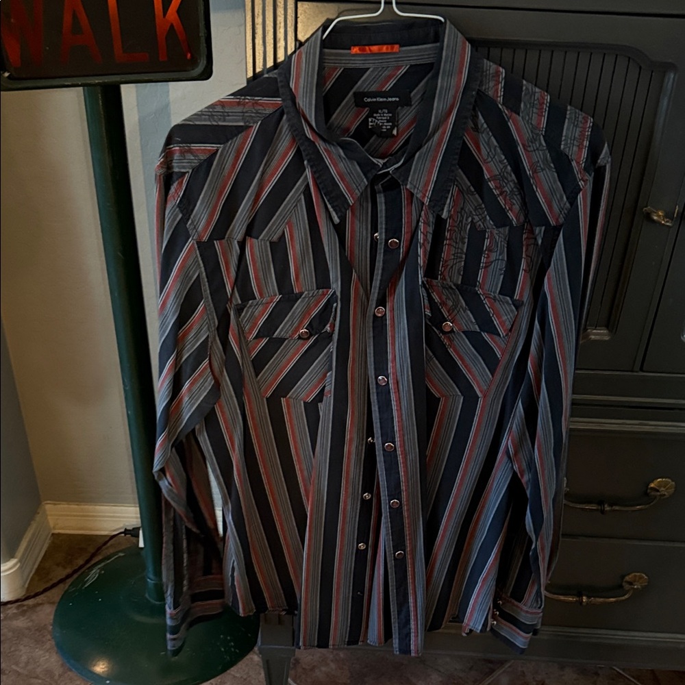 Calvin Klein Men's Striped Button-Down Shirt - Black and Red